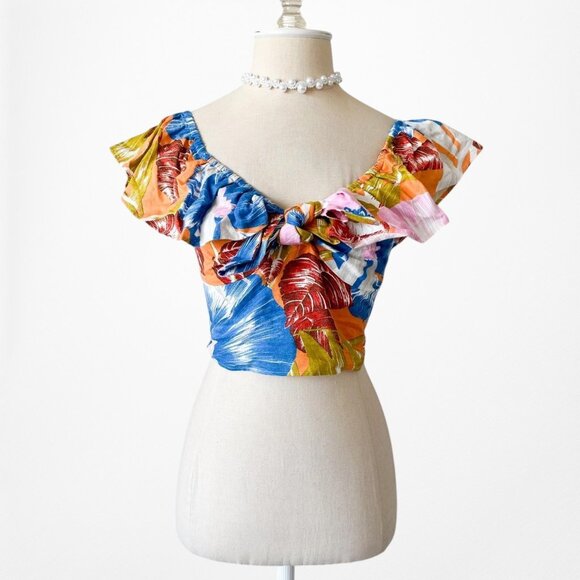 Zara Off Shoulder Blue Yellow Tropical Print Ruffle Bow Front Crop Top Size S - Picture 3 of 6